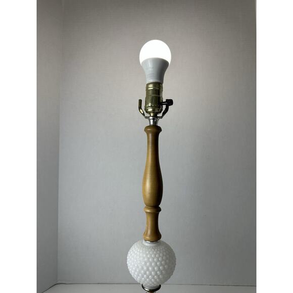 Vintage Mid Century Modern White Milk Glass Hobnail & Wooden Table Lamp - Picture 8 of 8